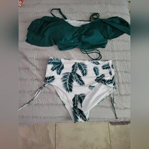 Nwot Shein 1x Emerald Green White Palm Bikini Set